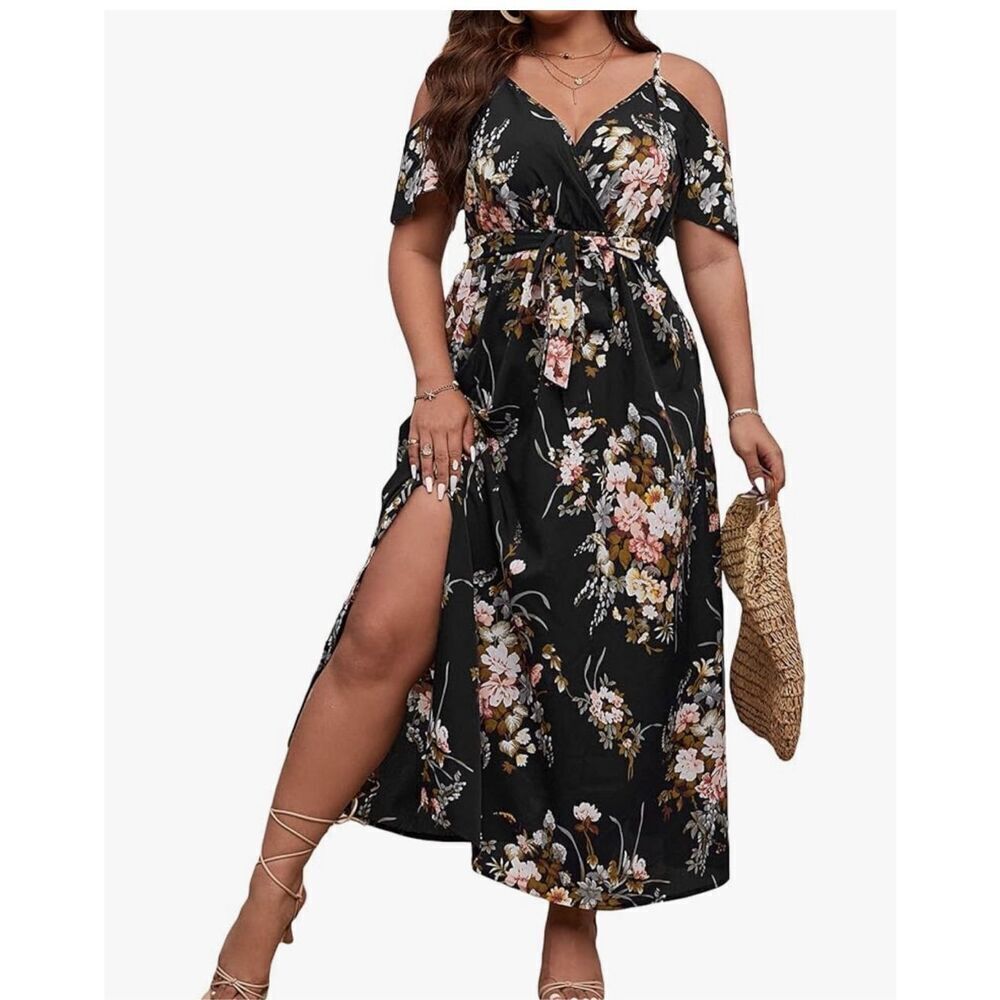 NEW Floral Cold Shoulder Short Sleeve Wrap Hem A Line Midi Dress 2X
